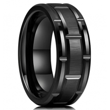 Men's 8mm Black Tungsten Carbide Wedding Band Brick Pattern Brushed Finish